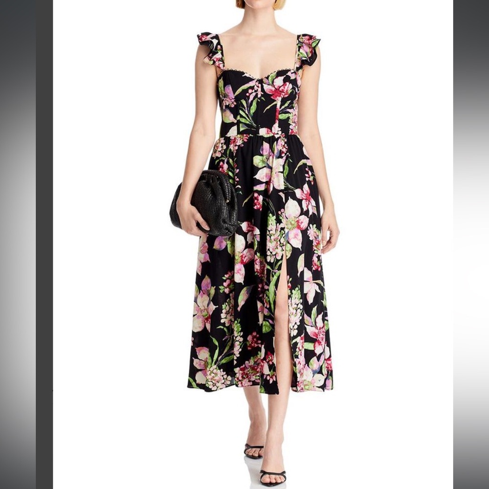 Aqua corset Black Floral Midi Dress size small